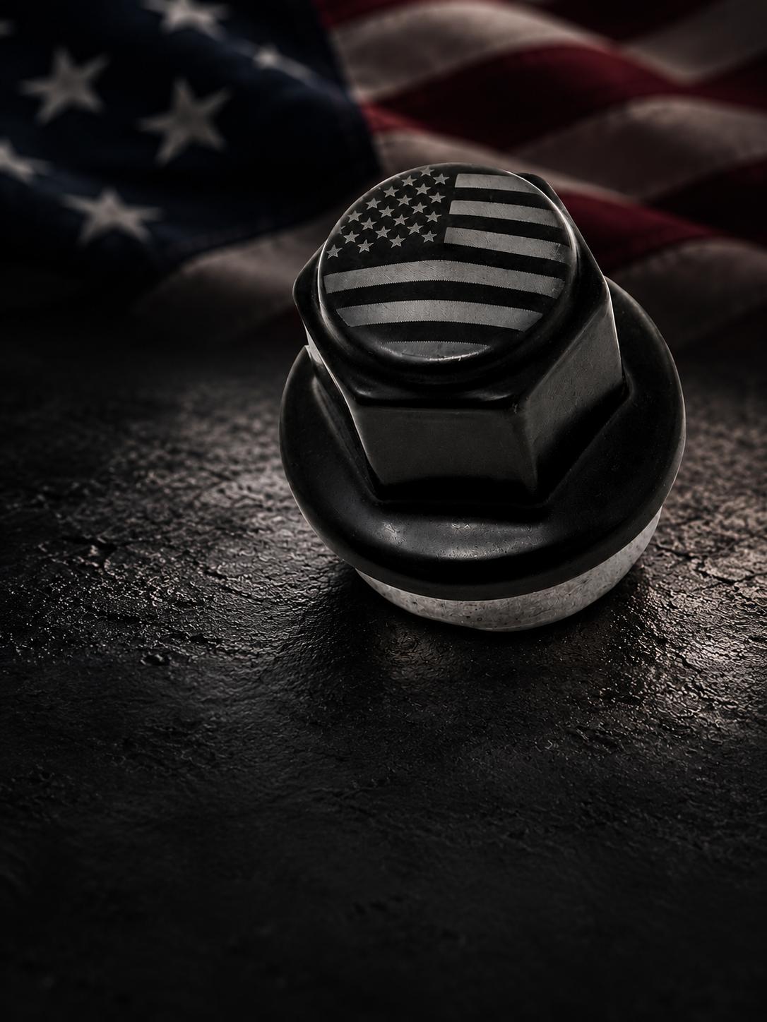 Black lug nut with a laser-etched American flag, with dark space below for page text.